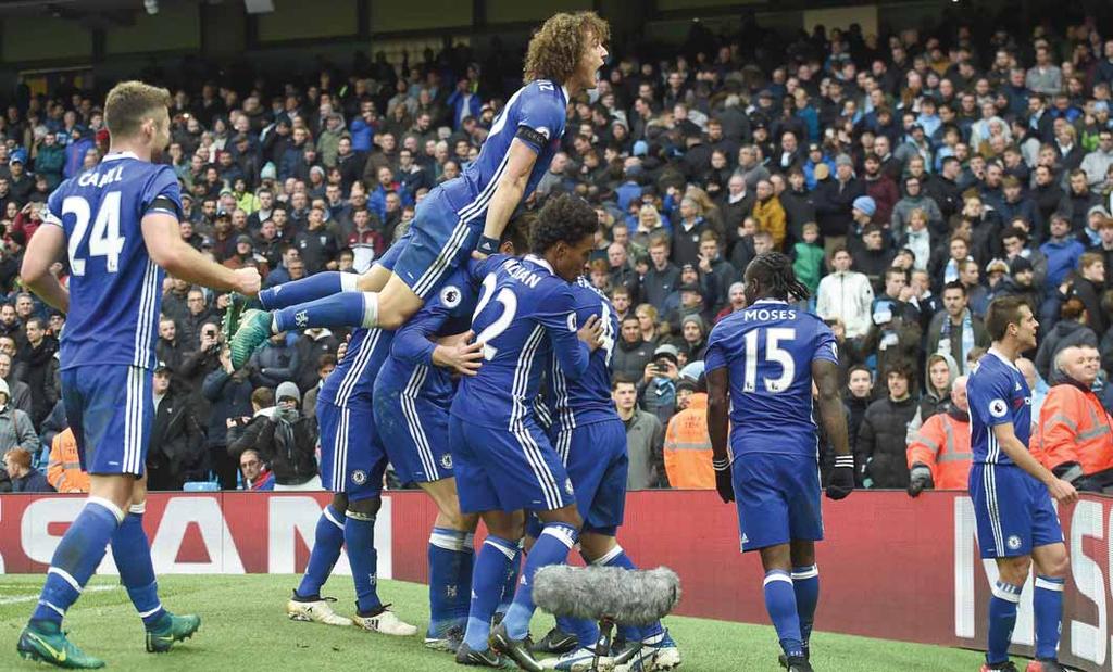 () London Chelsea cemented their position on top of the Premier League with a 3-1 victory at title rivals Manchester City, who had Sergio Aguero and Fernandinho dismissed in a fiery finale, while