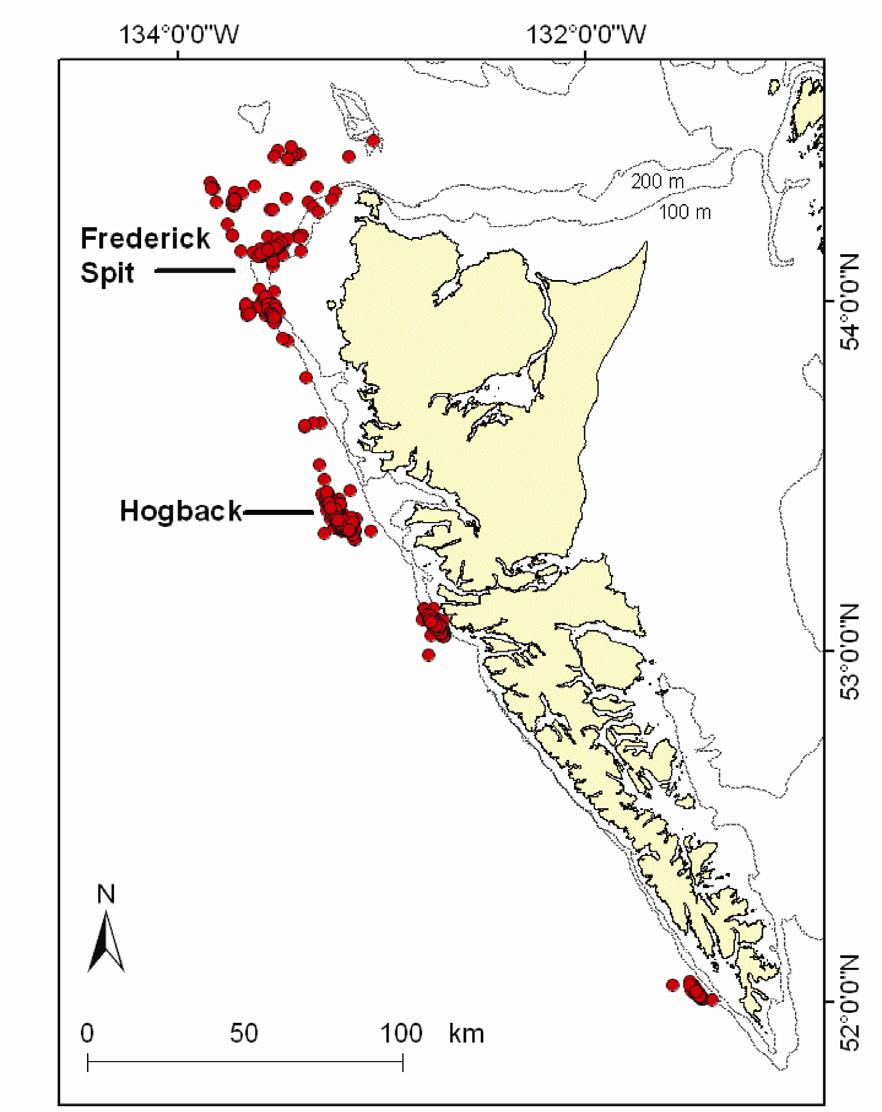 Fig. 20.4 Locations of bottom trawl tows which captured at least 200 kg of silvergray rockfish. Data are from 1996 to September, 2001.