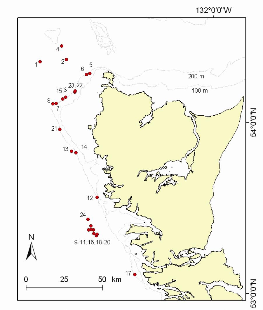Fig. 20.6 Location of silvergray rockfish samples used in 2000 silvergray rockfish assessment for area 5E (Stanley and Kronlund 2000).