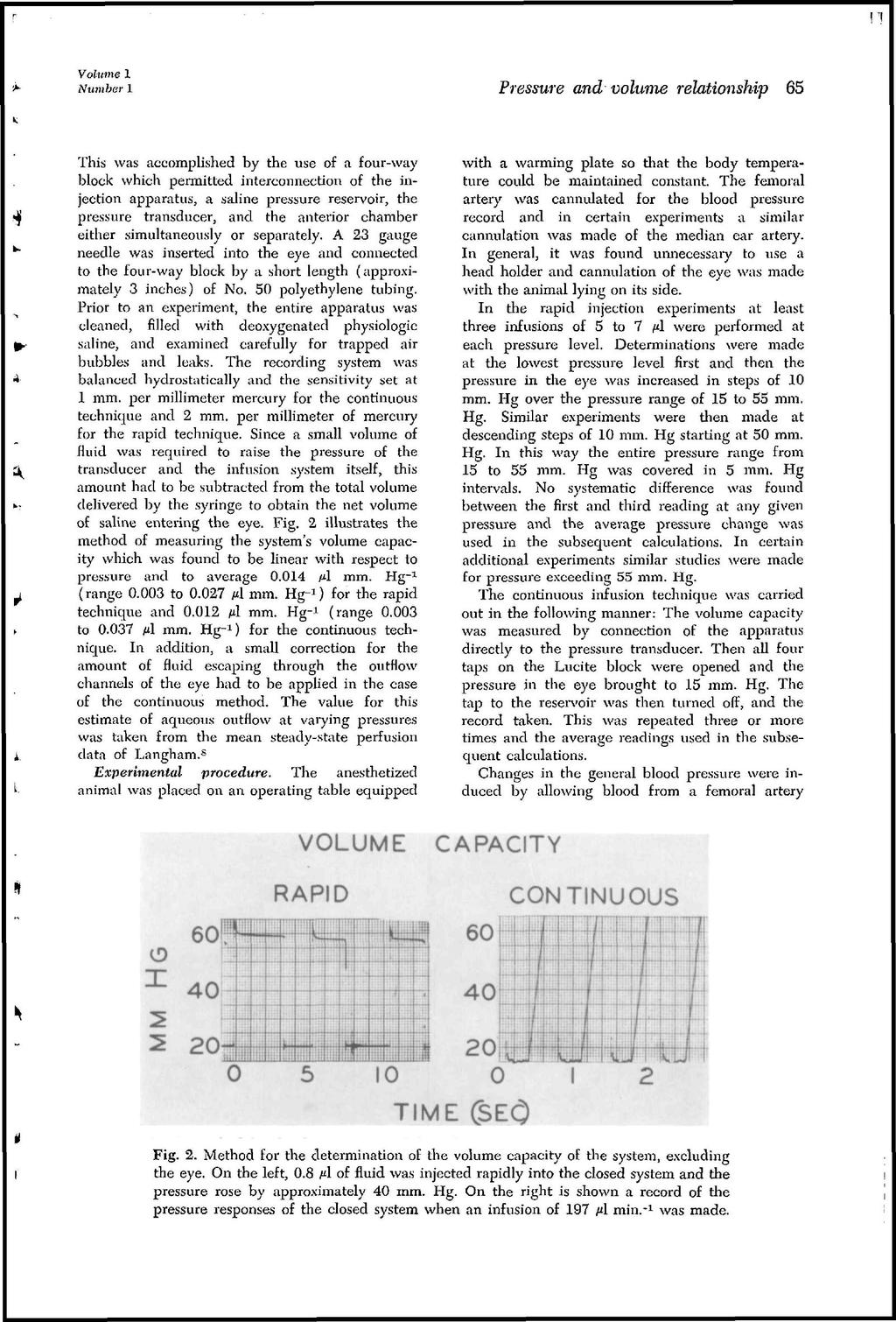 Volume 1 Number 1 Pressure and volume relationship 65 This was accomplished by the use of a fourway block which permitted interconnection of the injection apparatus, a saline pressure reservoir, the