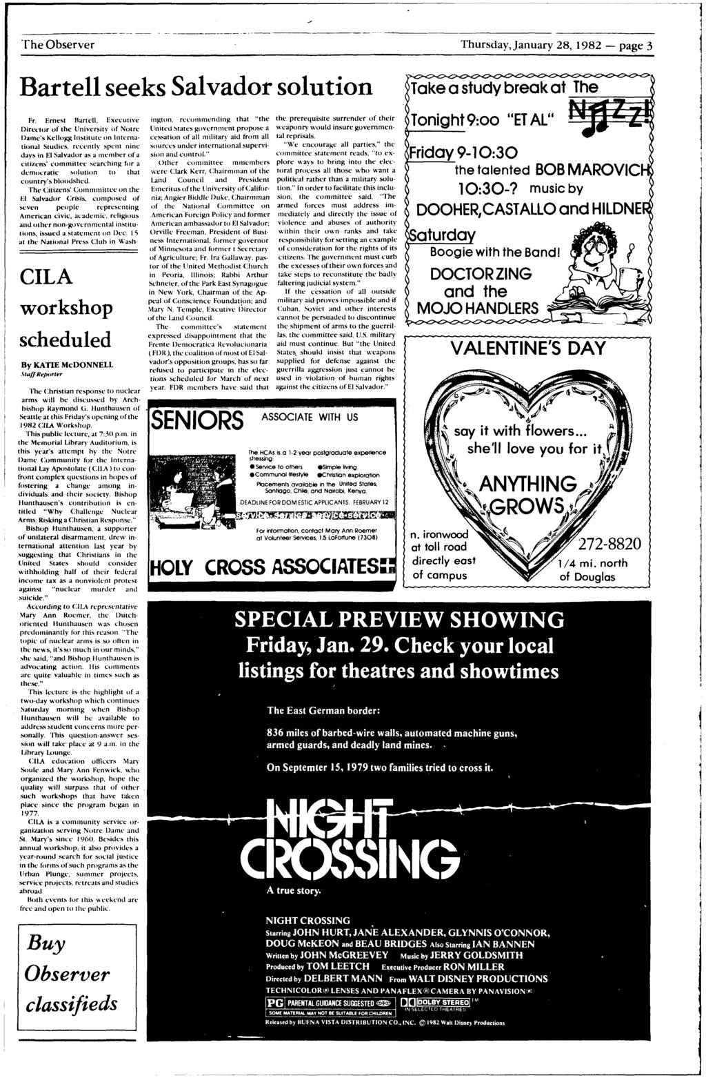 The Observer -- ---------------- ----------------------- Thursday,January 28, 1982- page 3 -----1 1 Bartell seeks Salvador solution Fr.
