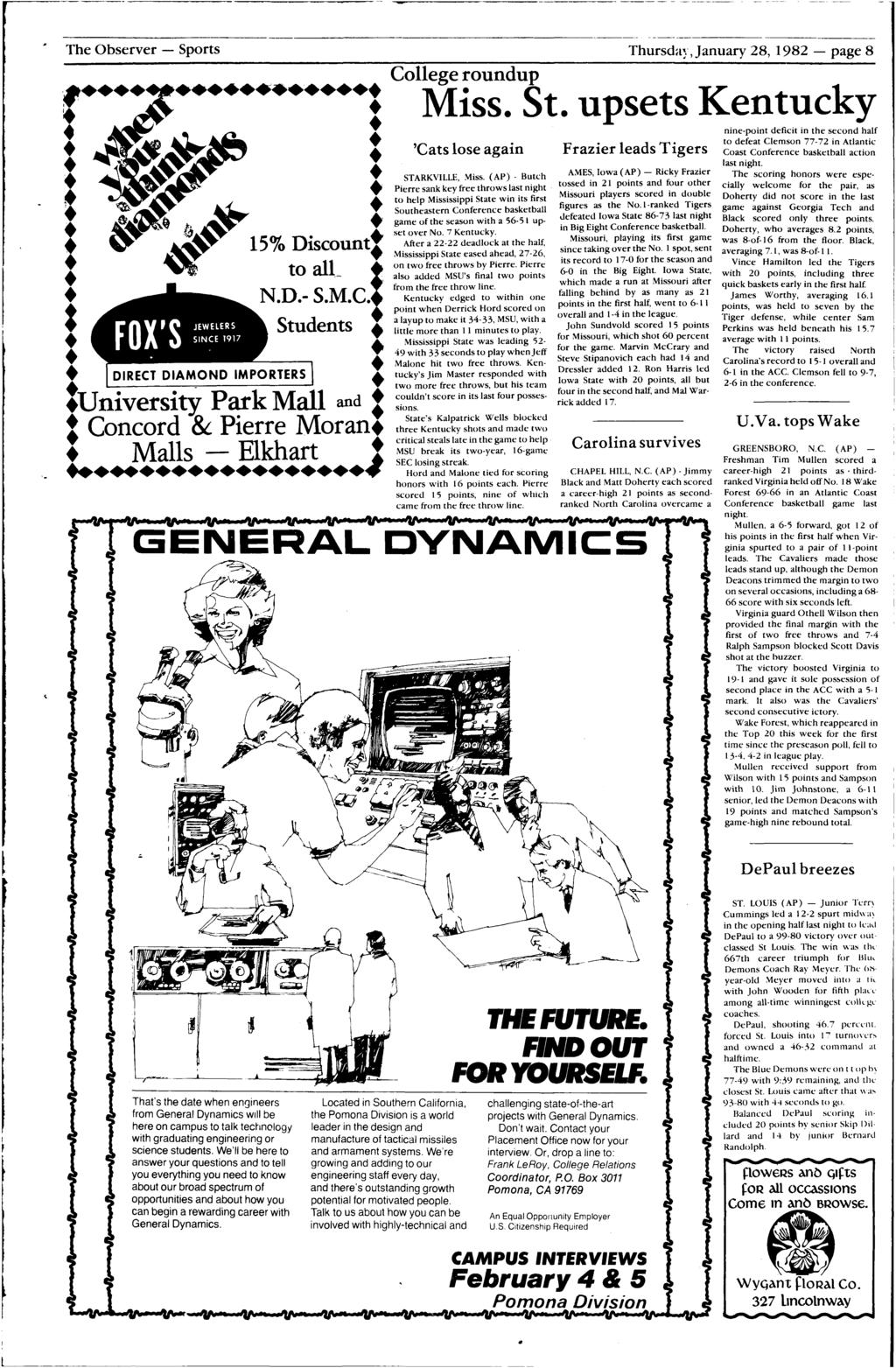 ---------------- ------------- --------.,. The Observer- Sports Thursday, January 28, 1982 - page 8... i College roundup Miss. St. upsets Kentuck
