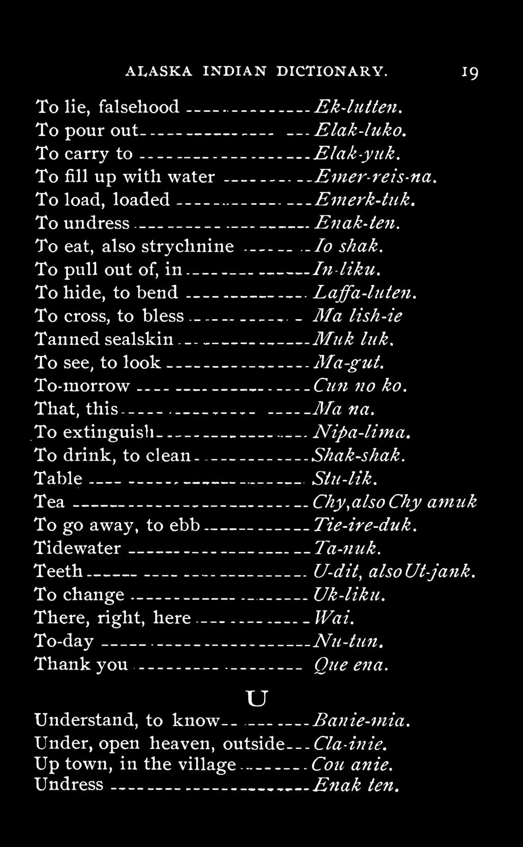 ALASKA INDIAN DICTIONARY. 19 To lie, falsehood Ek-lutten. To pour out - Elak-luko. To carry to Elak-yuk. To fill up with water Emer-reis-na. To load, loaded Emerk-tuk. To undress Enak-ten.