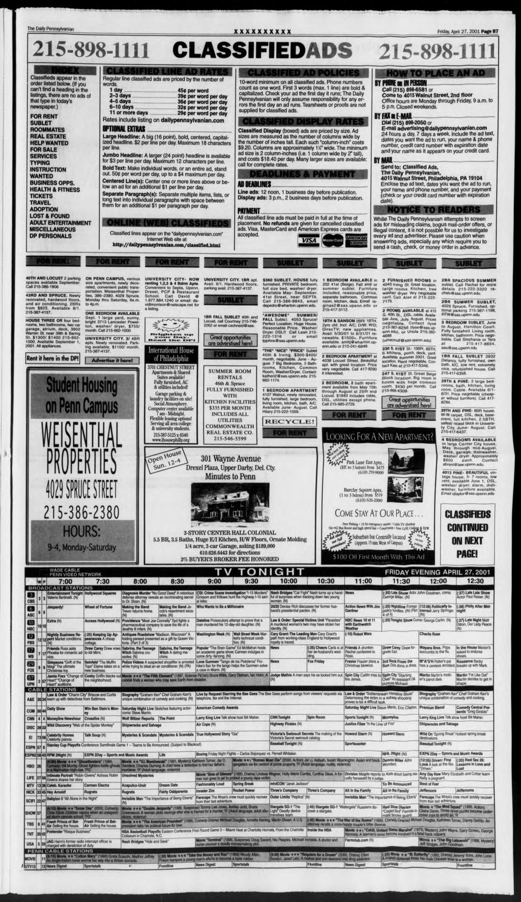 xxxxxxxxxx day, April. 20 Page B7 215-89841 CLASSIFIEDADS 215-898- Classifieds appear in the order listed below.
