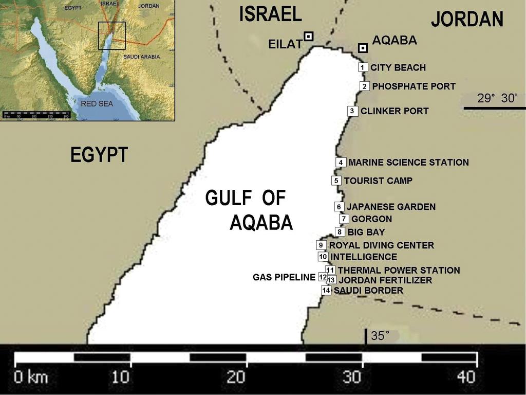 Methods Distribution and Abundance in Jordan Figure 2. Survey sites in Aqaba, Jordan, showing inset map of the Gulf of Aqaba. Surveys were conducted in Jordan (Fig.