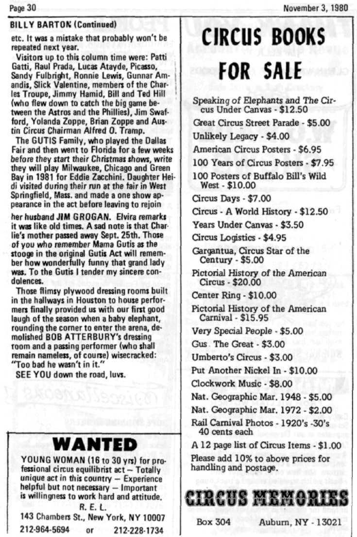 Page 30 November3, 1980 BILLY BARTOK (Continued) etc. It was a mistake that probably won't be repeated next year.