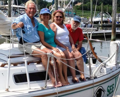 2 On return from day-sail to Thimble Islands: Val Valentino, Karen Devine, Susan Ledger, Harry Mark Born to Sail.