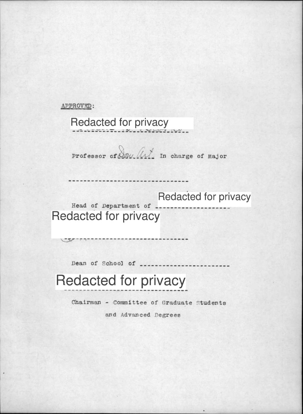 APPROVT: Redacted for privacy Professor In charge of Major Redacted for privacy Head of Bepartnert of Redactéd