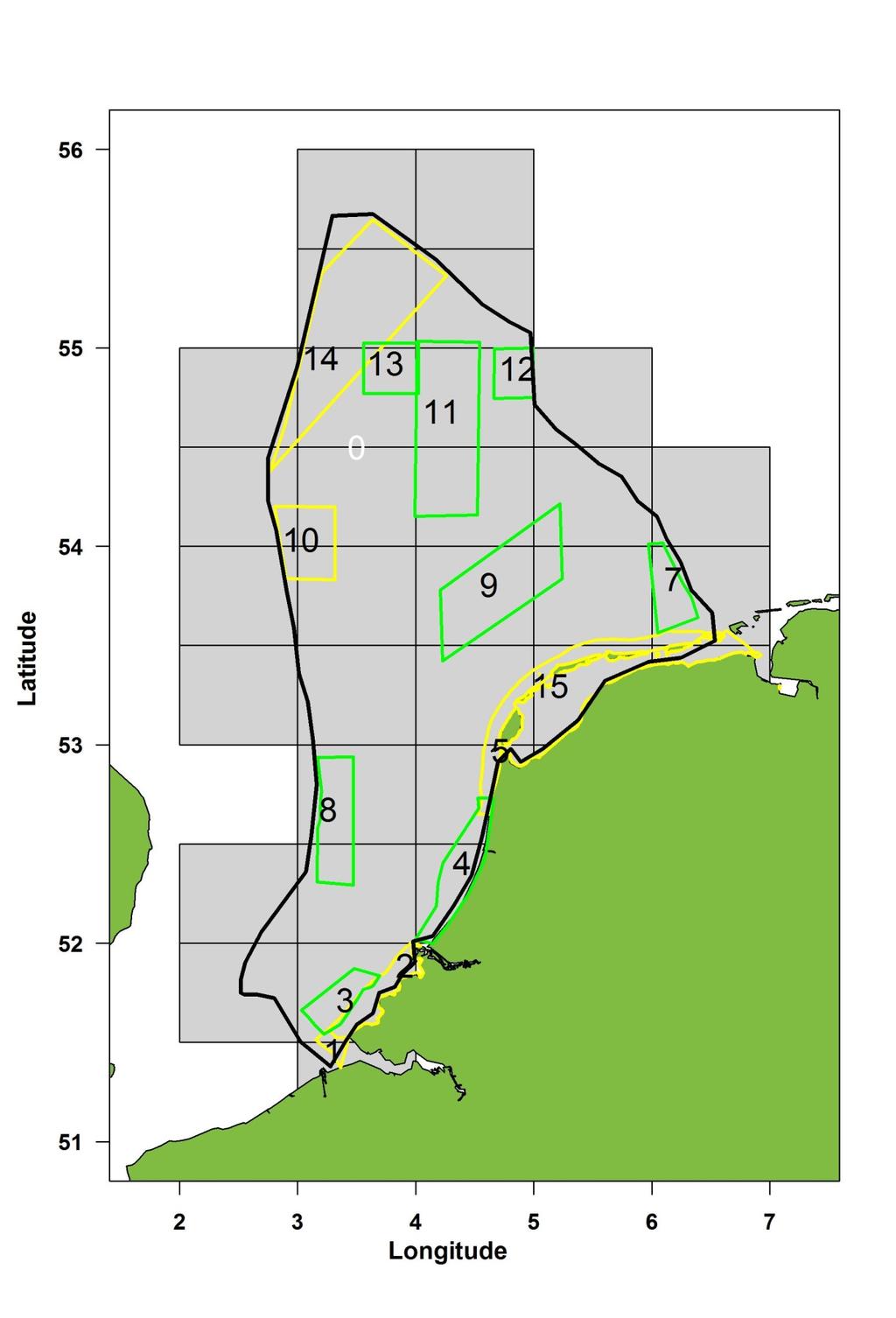 Figure 1 Overview of current (yellow demarcation lines) and proposed (green demarcation lines) MPAs by