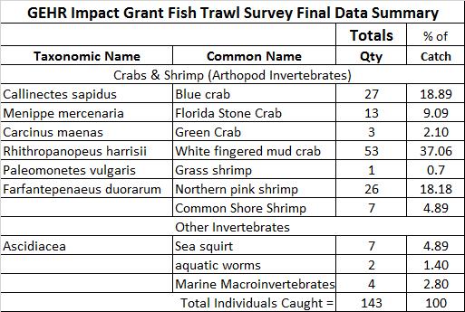 Table 3 Spatial Analysis The project undertook 6 fisheries trawl surveys with 32 net tows on the upper tidal Great Egg Harbor River, and 2 fisheries trawl surveys with 8 net tows on the upper tidal