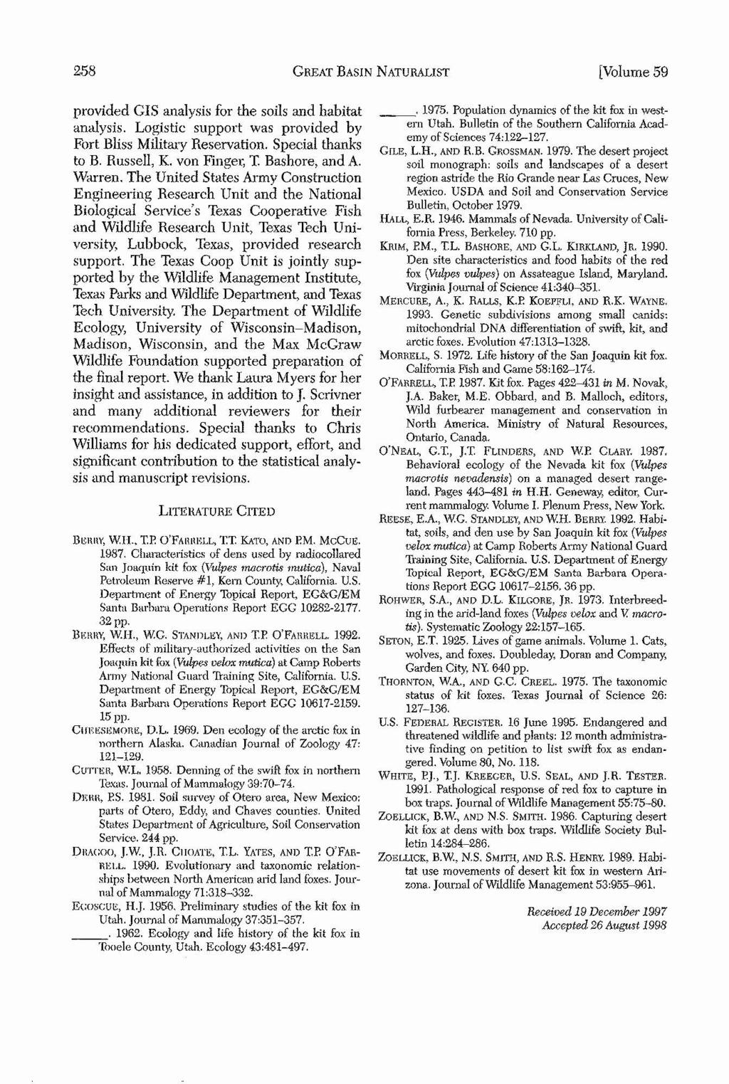 258 GREAT BASN NATURALST [Volume 59 provded GS analyss for the sols and habtat analyss. Logstc support was provded by Fort Blss Mltary Reservaton. Specal thanks to B. Russell K.