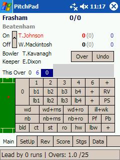 Once the ball is registered in the correct position, click the appropriate button to record the ball as below e.g. if no runs were scored off the ball you would click 0. 10.