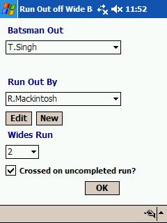 10.8.2 Wide Ball Runs completed by batsmen If the batsmen complete one or more runs on a wide ball, the button labelled wd+rns should be clicked. This will show the following screen.
