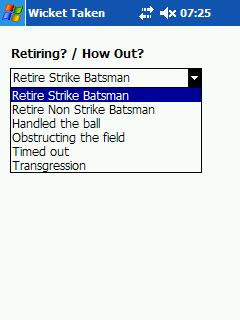 10.7 Retired or other dismissal types To record a batsman retiring or out through Handled the ball, Obstructing the field, Timed out, or Transgression you should click the button labelled + at the