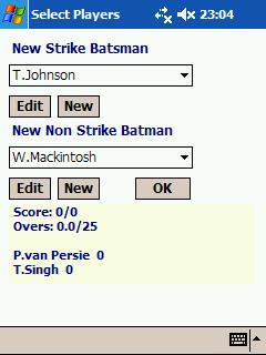 To replace the current strike batsman, select the new batsman and press OK. 11.4 Change Current Batting Pair To change the current batting pair, click Batsmen on the Main form.