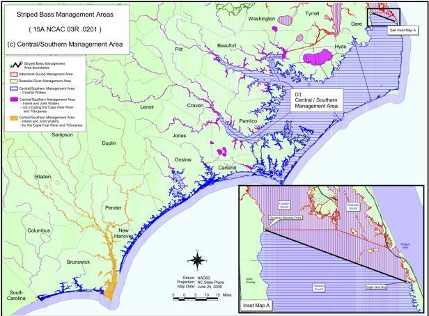 Figure 1. Map of Central Region Management Area for estuarine striped bass (NC DMF) the Tar/Pamlico River system, and the Cape Fear River system.
