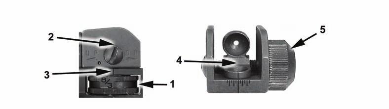 (1) Adjust the front sightpost (1) until the base of the front sightpost is flush with the front sightpost housing (2).