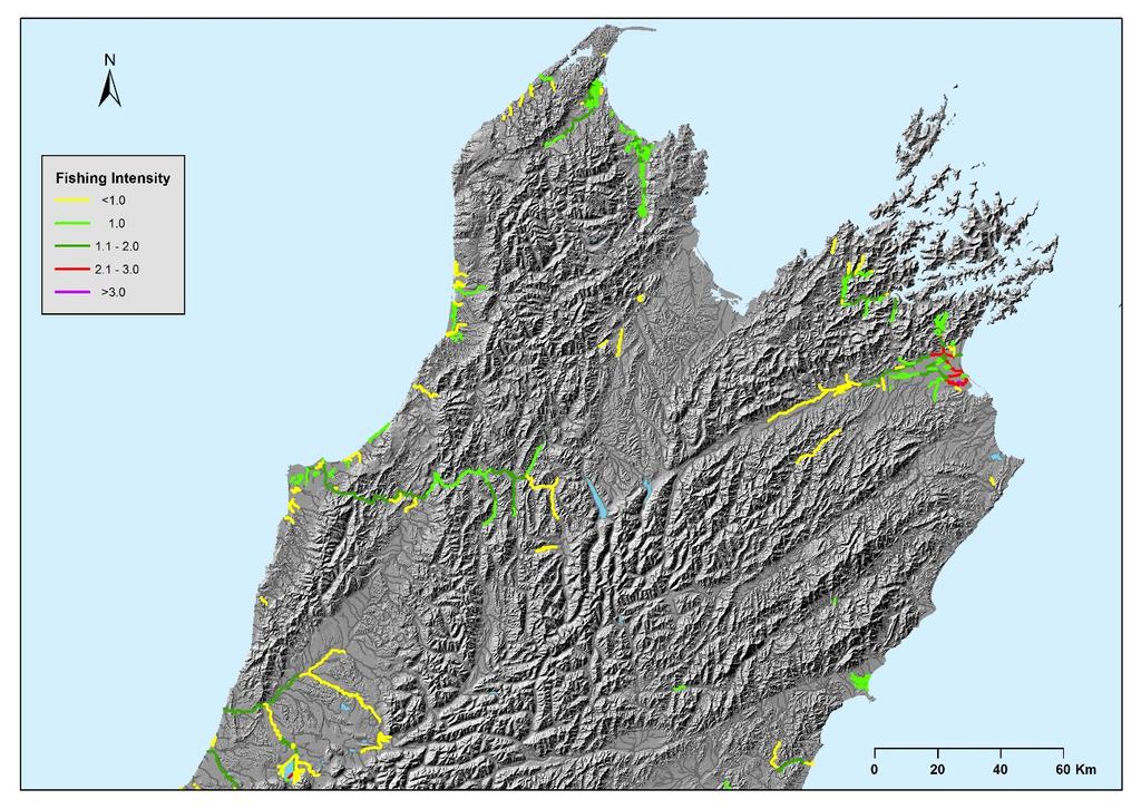 Figure 12: Northern South Island commercial fishing effort where longfin eels have been caught over