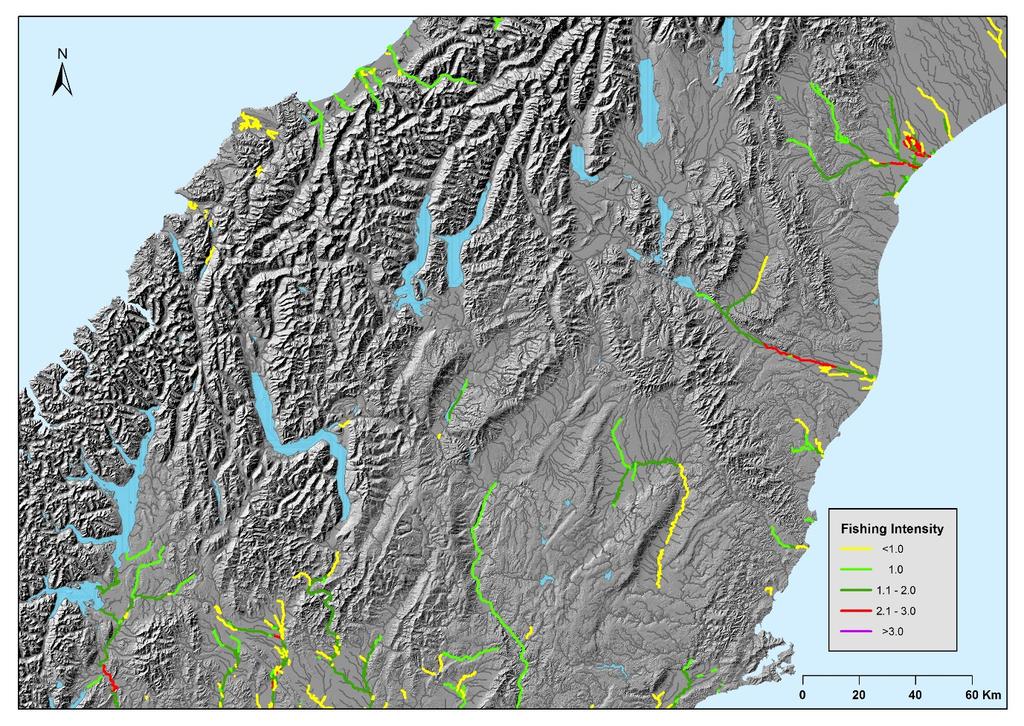 Figure 14: Southern South Island commercial fishing effort where longfin eels have been caught over