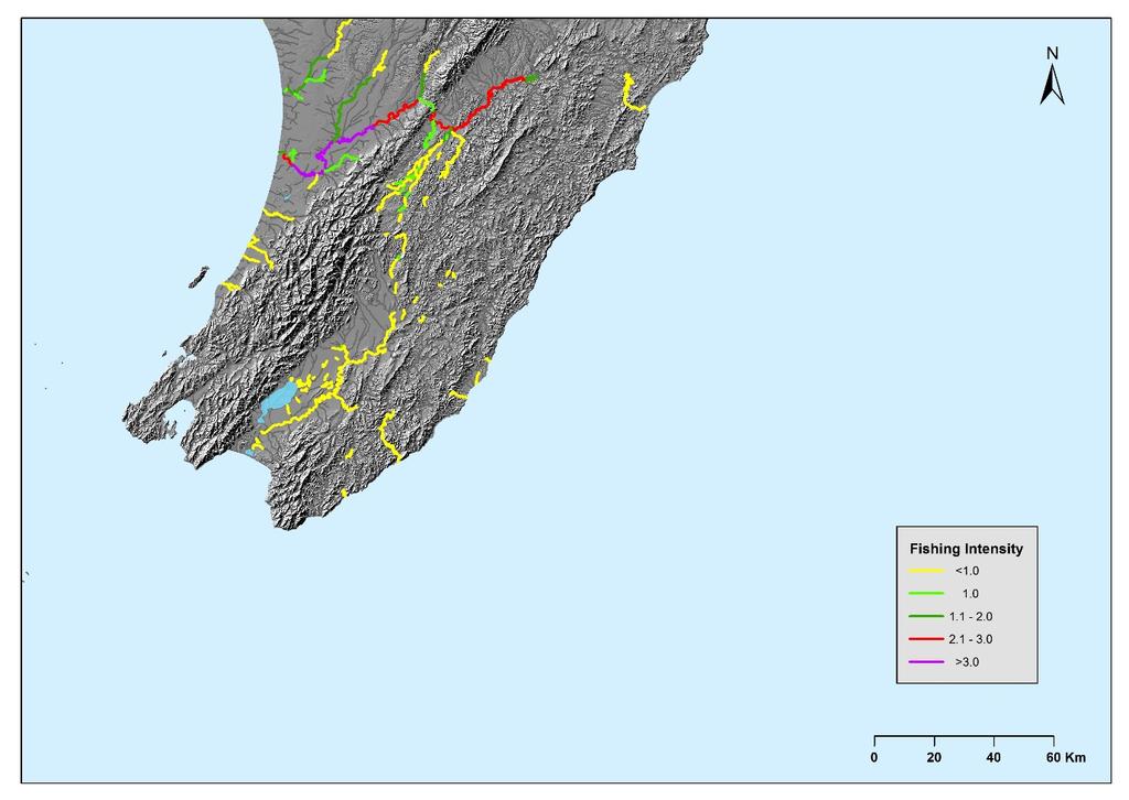 Figure 19: South North Island commercial fishing effort where longfin eels have been caught over the period 2009 10 to 2013 14. Fishing intensity is overlaid on the REC2.