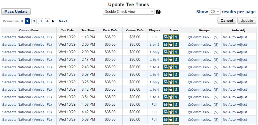 Update Tee Times Double-Check View: Provides data needed to double-check your work Displays icons, first release group and name