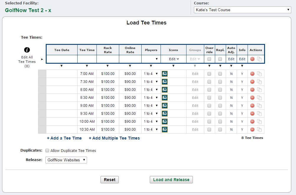 Load Tee Times Inventory will appear in the tee time window