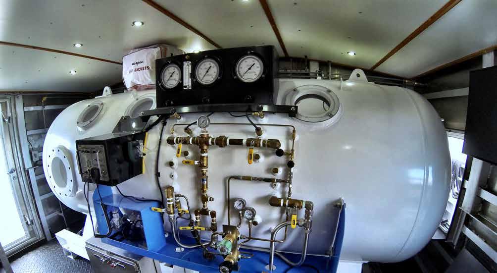 Diveboat Capability: The 75 Endurance may be custom-configured for a wide range of applications. Shown here is an onboard decompression chamber installed in a 75 Endurance dive boat.