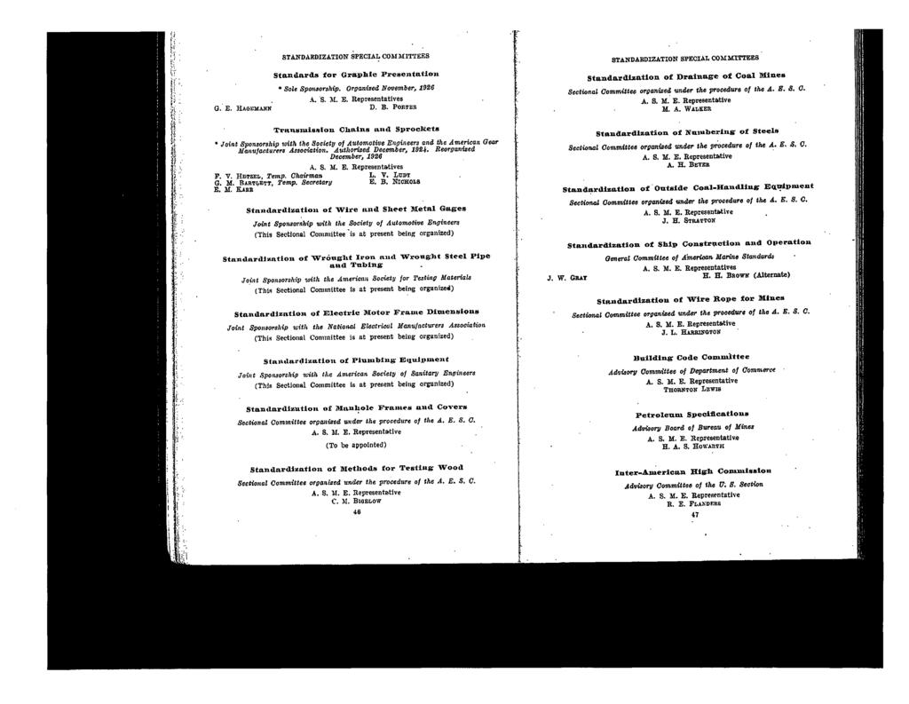 G. E. HAGE!/lARN STANDARDIZATION SPECIAL COMMITTEES Sta.ndards for Graphic Prescntation Sale SpoII&orship. OTgani.ea N01Jember, 1926 A. So ~l. E. Representative. D. B.