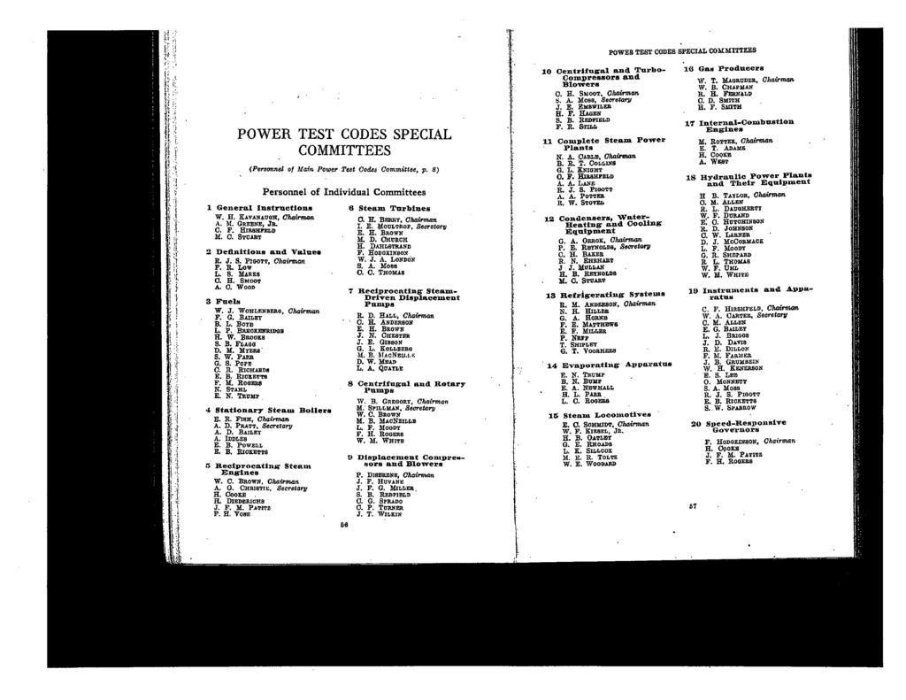 POWER TEST CODES SPECIAL COMMITTEES POWER TEST CODES SPECIAL COMMITTEES (Personnel of Main Power T..e Oode. OommUte., p. 8) Personnel of Individual Committees 1 General Instructions W. H.