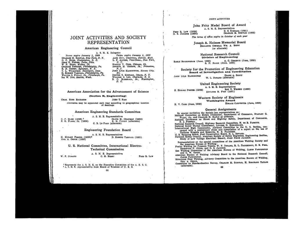 JOINT ACTIVITIES AND SOCIETY H.EPRESENTATION C. 1. BLISS (1928) 1 S. G. FI,AGG, In. (1929) u. S. American Engineering Council A. S. M. E. Deleg",t Tf!nlt8 nplre Janv.ary 1~ 1929 Tar.