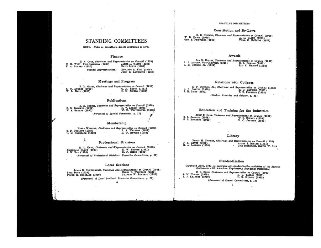 STANDING COMMITTEES Constitution and By-Laws STANDING COMMITTEES NOTE.-D"tes i71 par."thesis dellote ","piration oj term. Finance H. V. CO~B, Ohair",an <>nd: B.yre/mtaU". on Conncil (1929) E.
