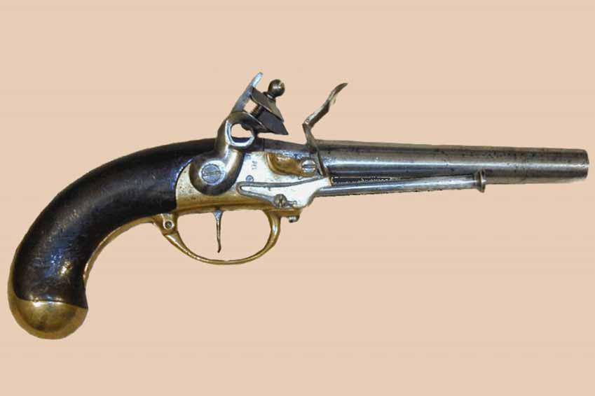 Ca. 1777: Cavalry Flint Lock Pistol, M. 1777, France French flint lock pistol of unusual construction.