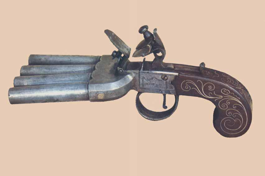 Ca. 1780: Four Barrel Flint Lock Pistol All four barrels are ignited at the same time with a flint lock.
