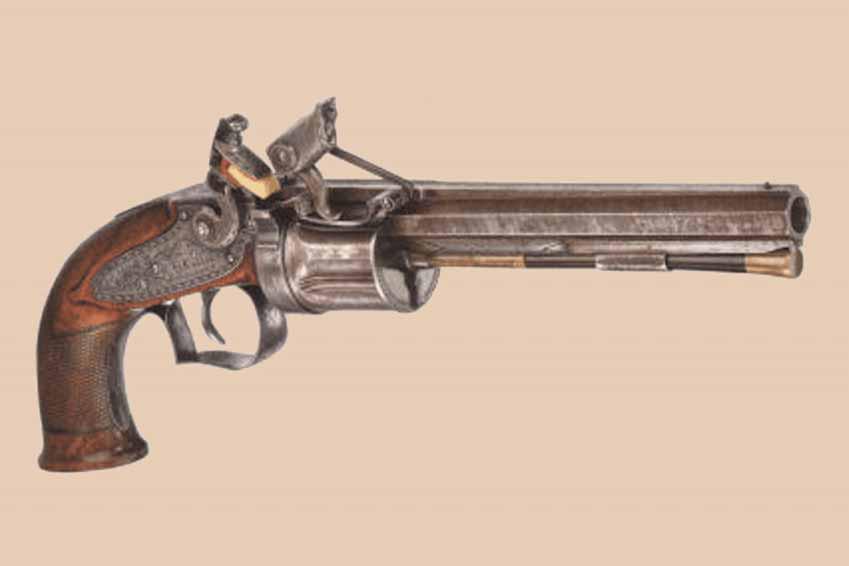 1824: Flint Lock Revolver, London This very rare flint lock revolver was made according to a patent of the American Captain, Artemus Wheeler.