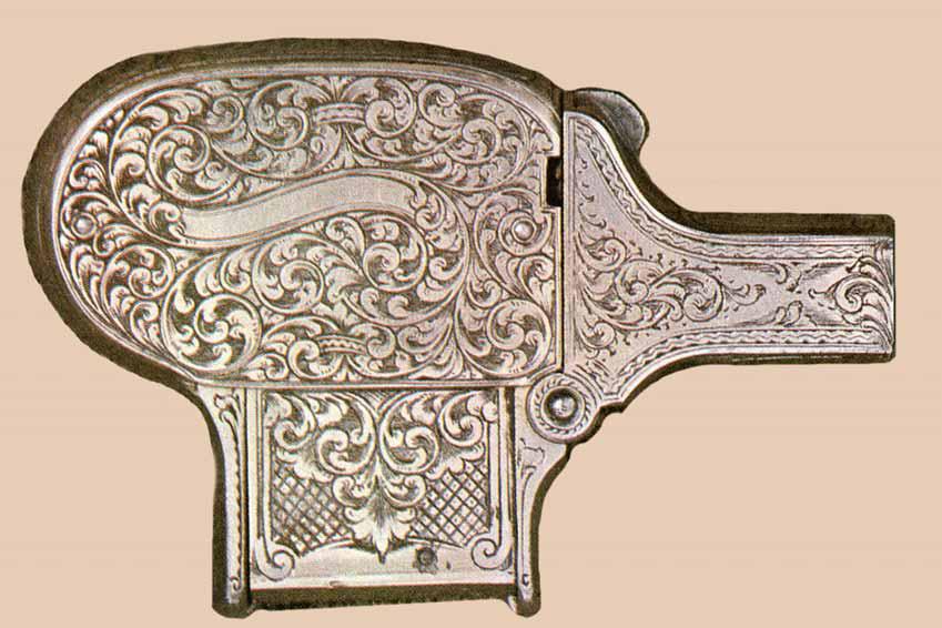 Ca. 1906: Four Shot Shattuck-Unique Pistol This elegant pocket pistol for the lady uses Flobert cartridges and has four barrels arranged