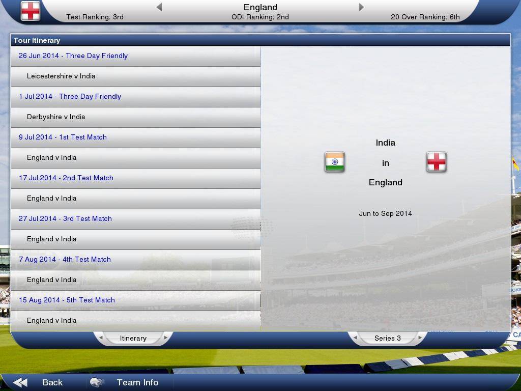 INTERNATIONALS Use this screen to view current test series, ODI series, T20 series, and world