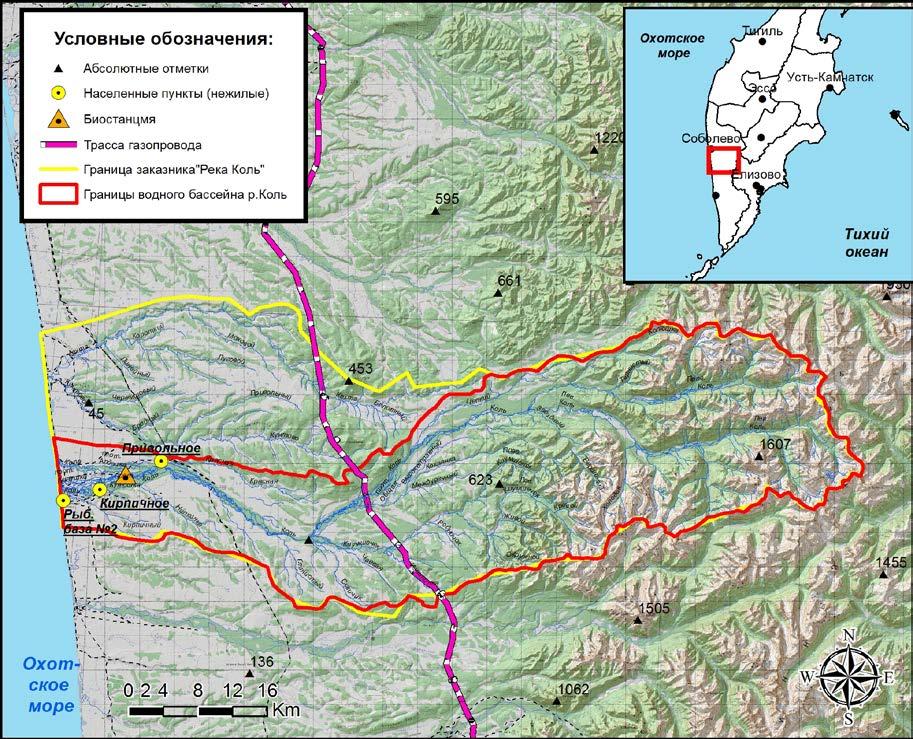 Fig. 3. Geographic location and borders of the Kol River basin. Diagram prepared by V.E. Kirichenko (KB PIG RFE RAS) [Transl.