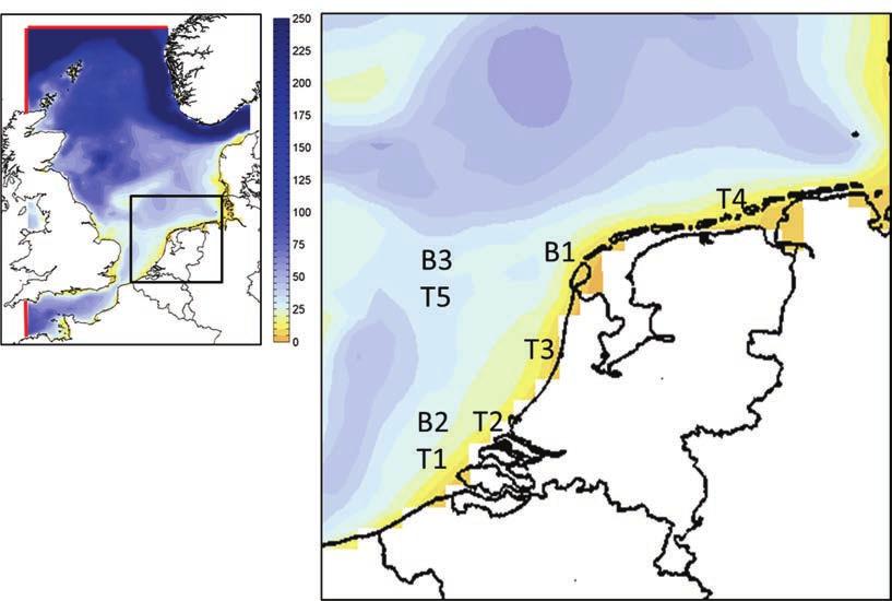 Rip Current Prediction System for Swimmer Safety Figure 3-2: The North Sea (left), with the colour shading represents depth. Red lines indicate the swell boundary for the wave model.