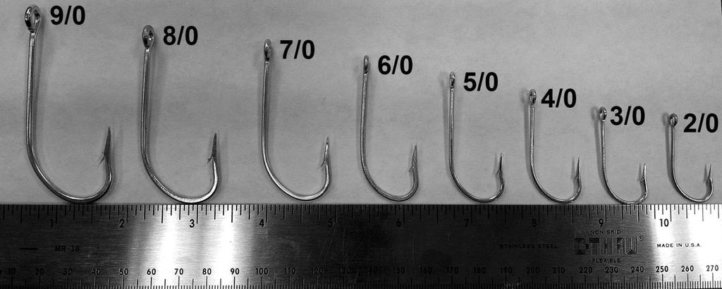 Hooks were paired for each trip as follows: 2/0-6/0; 3/0-7/0; 4/0-8/0; and 5/0-9/0.