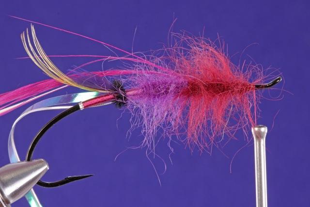 Tie off the primrose colored thread and exchange with wine colored thread. Secure the body hackle on the backside of the hook.