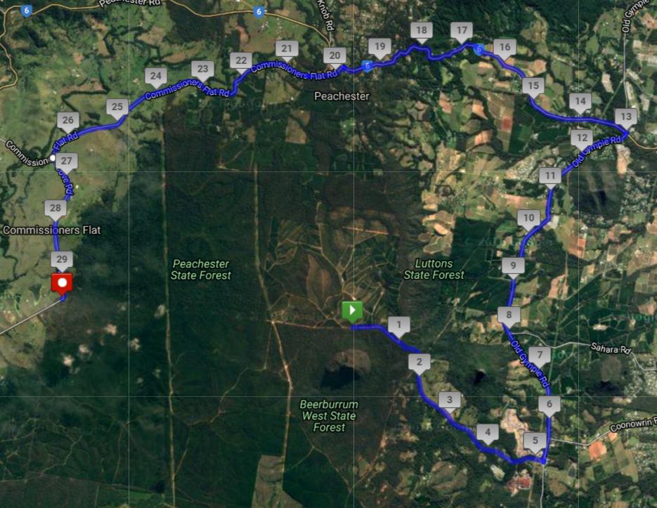 Checkpoint 7 The checkpoint will be in clearing outside the forest area off Cove Rd. Crew Route Head back along Mt Beerwah Rd to the intersection of Old Gympie Rd and turn left. Follow north for 8.