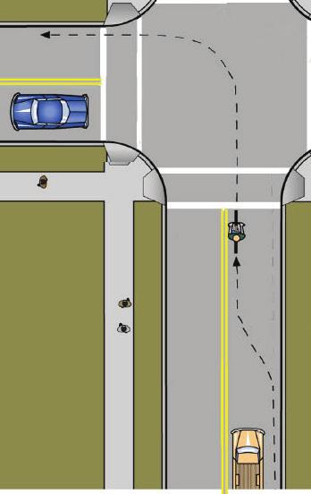 TURNS When approaching an intersection with several lanes, bicyclists should choose the rightmost lane appropriate for their intended direction, using turn lanes if available. Bicycles turning left 1.