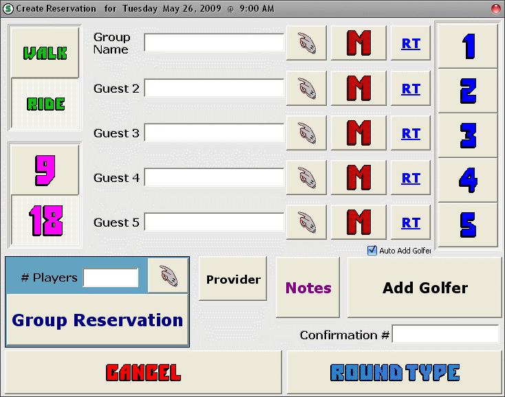 Tee Sheet Operation 13 -SELECT the 'New' button -This opens the Create Reservation Screen -ENTER a name into the Group Name field -OR-SELECT the 'M' (Member) button next the the Group Name field to