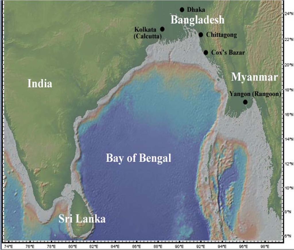 Bathymetry of the Indian coast. The shallow waters of the Continental Shelf (mostly shallower than 200 meters) are shaded whitish-grey.