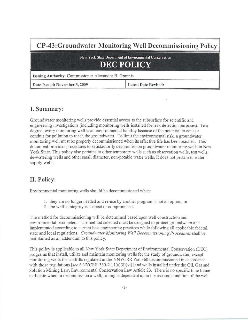CP-43:Groundwater Monitoring Well Decommissioning Policy New York State Department of Environmental Conservation DEC POLICY Issuing Authority: Commissioner Alexander B.