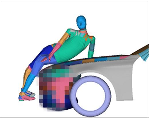 80ms 90ms 100ms 110ms 120ms 130ms Figure 4-5 Kinematics of AM50 adult impacted by a large family car (LFC) at 40kph; comparison of simplified and detailed simulation In case of the adult