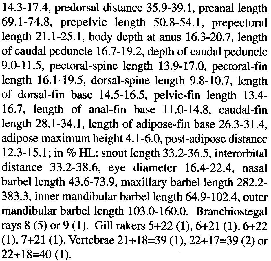 THE RAFFLES BULLETIN OF ZOOLOGY 2002 14.3-17.4, predorsal distance 35.9-39.1, preanal length 69.1-74.8, prepelvic length 50.8-54.1, prepectoral length 21.1-25.1, body depth at anus 16.3-20.