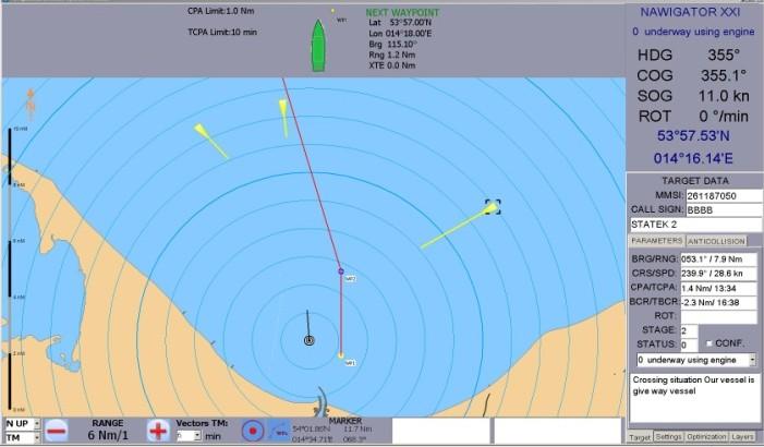 Verification of navigational decision supporting system on the ECDIS simulator screen.