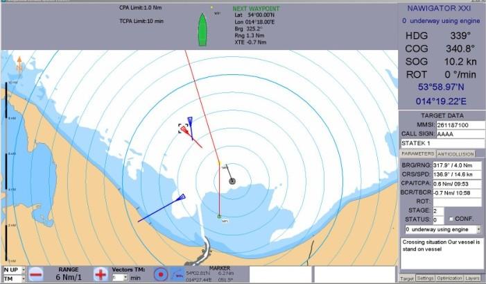 Recommended trajectory Rys. 11. Zalecana trajektoria After the preventive manoeuvre, with Vessel 2 moving away (Fig. 12), our ship will settle on the course aiming at the next waypoint. Fig. 9.