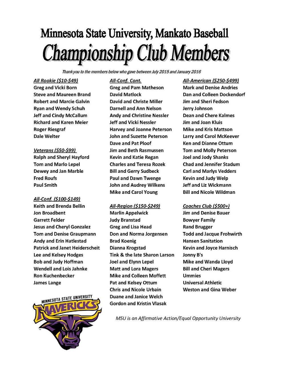 CHAMPIONSHIP CLUB The Championship Club is the chief fundraising function for the Minnesota State University, Mankato baseball team.
